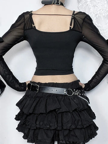 Sonicelife Women's Gothic Directional Design Top 2024 New Sexy Corset Mesh Cut Off Short Bow Spice Girl Long Sleeve Top
