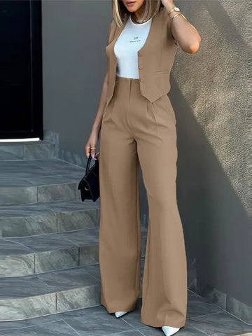 Sonicelife Stylish Women Commuting Vest Tops High Waist Wide Leg Pants 2024 Spring Autumn V Neck Sleeveless Button Regular Work Pants Set