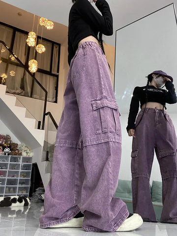 Sonicelife Oversize American High Waisted Cargo Pants for Women Y2k Loose Wide Leg  2024 Autumn New Multiple Pockets Trousers