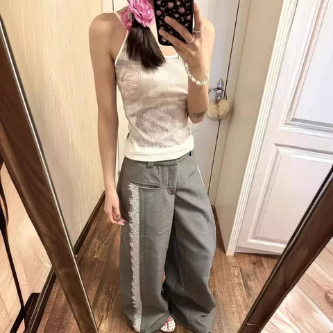 Sonicelife American Retro Sweet Gray Pants for Women 2024 Autumn New Lace Patchwork Trousers Y2k High Waist Loose Wide Leg