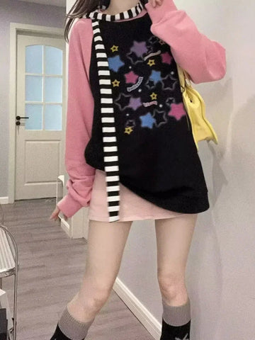 Black Friday Sonicelife Women Star Graphic Hoodies Y2K Aesthetic Raglan Sleeve Sweatshirt E-girl Oversized Harajuku Tops Cutecore Kawaii Clothes