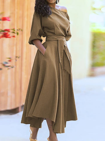 Sonicelife Inclined Shoulder Women Dress Ankle Length Party Dresses Solid Spliced Sashes Vestidos Loose Fit 2024 Pockets Basics Casual