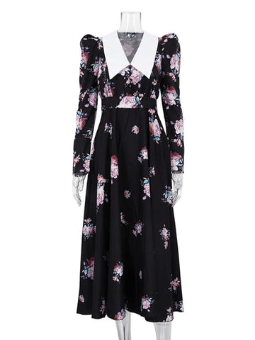 Sonicelife Aynaray 2024 Winter Spring Women Chic France Midi Dress Floral Printed Long Sleeve V-neck A-Line Flare Long Dress Female
