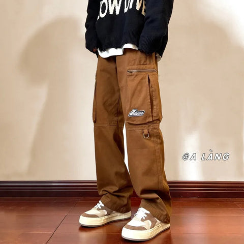 Sonicelife American High Street Vintage Heavy Functional Wind Overalls Y2K Harajuku Fashion Straight Pants Men And Women Couple Loose Pants