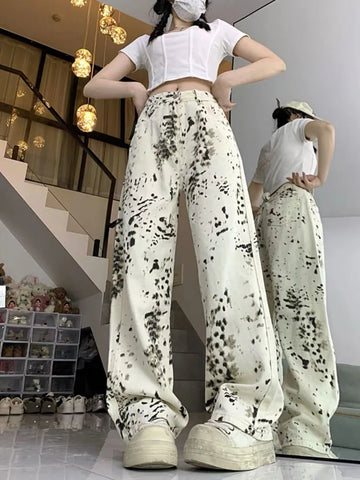 Sonicelife American Retro Leopard Print Jeans for Women Y2k E-Girl High Waist Straight Trousers 2024 Summer New Loose Wide Leg Pants