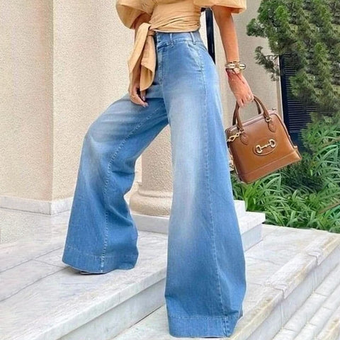 Sonicelife Denim Jeans Women Fashion Flared Pants 2024 New Bleached Wide Leg Jeans Streetwear Women Denim Trousers Washed Blue Long Pants