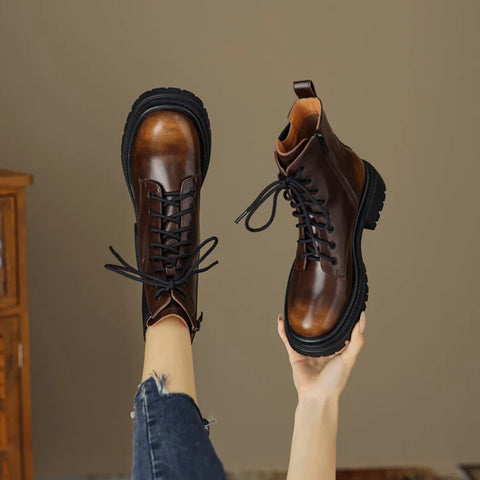 Sonicelife NEW Autumn Women Boots Split Leather Shoes for Women Round Toe Thick Heel Shoes Zipper Short Boots Casual Black Platform Boots