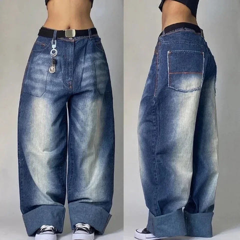 Sonicelife Korean Version New Washed Solid Color Baggy Jeans Female Y2K High Street Fashion Casual Gothic High Waist Baggy Wide Leg Pants