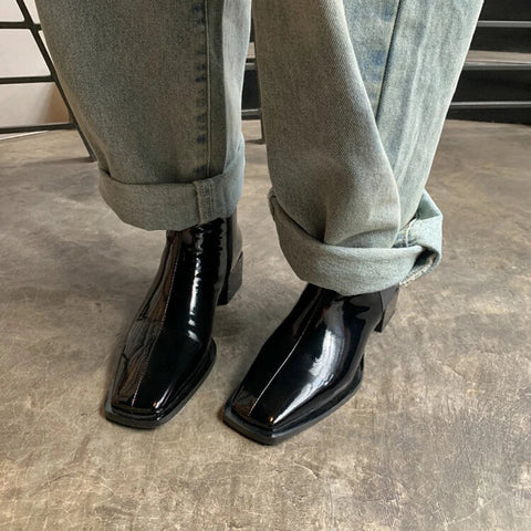 Sonicelife Autumn Boots Women Patent Leather Shoes for Women Square Toe Chunky Heel Women Boots Elegent Modern Boots Office Ladies Shoes