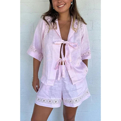 Sonicelife Women's 2Pieces Lace Patchwork Set Short Sleeve Front Bow Tie-up Lapel Collar Shirts +Drawstring Waist Shorts Outfits