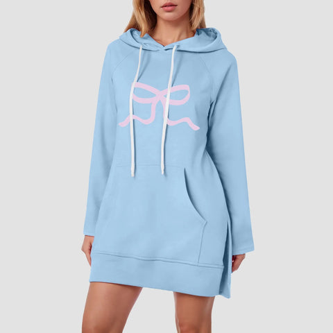 Sonicelife Women'S Spring Hoodie Dress With Pocket Casual Solid Color Long Sleeved Bow Printed Pullover Sweatshirts For Women Loose Fit