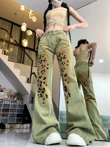 Sonicelife American Retro Washed Leopard Print Denim Pants Y2k E-Girl High Waist Straight Trousers 2024 Sumemr New Bell Bottom Jeans