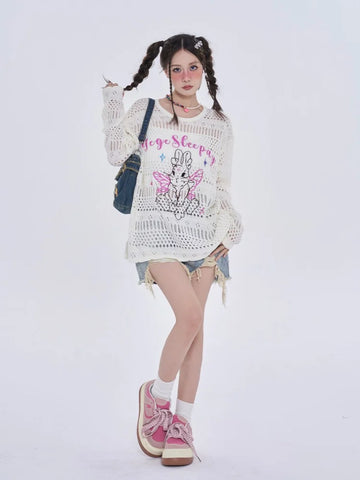 Black Friday Sonicelife Anime Women Sweater Oversize Spider Web Mesh Long Sleeve Top Y2k Kawaii Rabbit Embroidery Korean Style Cutecore Clothes