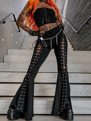 Sonicelife Women's gothic pants Spring 2024 new dark wind Street fashion trend cock-eye tie design flared pants women