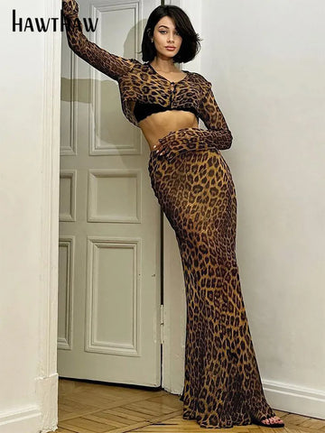 Sonicelife Women 2024 Spring Autumn Long Sleeve Crop Tops Long Skirts Mesh Leopard Two Piece Sets Wholesale Items For Business