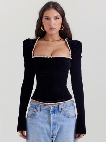 Sonicelife Square Collar Backless Bandage Sexy T-shirt Women Autumn Winter New Black Shoulder Pad Sleeve Skinny Sexy Party Tops