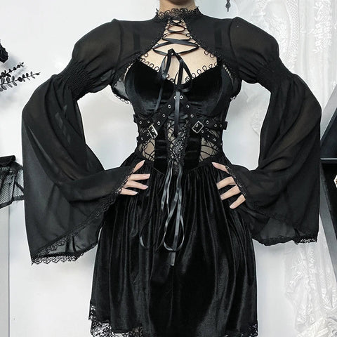 Sonicelife Women's Gothic Tops Trendy Party Slim Flare Design Cardigan Women Dark Gothic Bow Embellished Lace Blouse Jacket