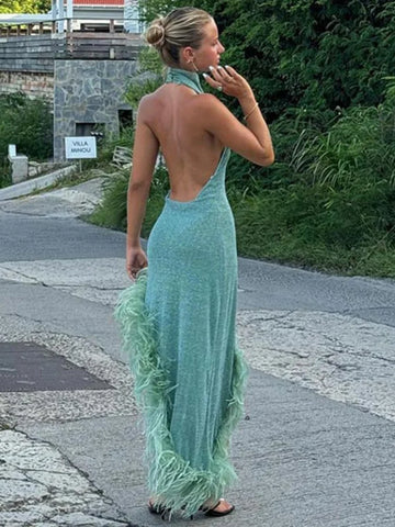 Back To School Sonicelife Sexy Backless Irregular Feather Hem Long Dress Women Fashion Sleeveless Bodycon Halter Dresses 2024 New Evening Party Robes