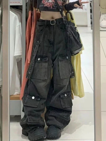 Sonicelife American Street Workwear Multi-Pocket Heavy Lndustry Design Jeans Female Y2K Gothic Fashion Punk Style Loose Floor Wide-leg Pant