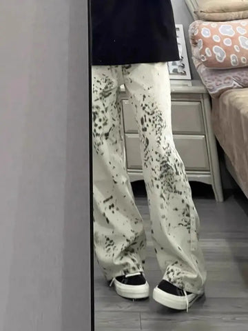 Sonicelife American Retro White Leopard Print Denim Pants Y2k E-Girl High Waist Straight Trousers 2024 Summer New Loose Wide Leg Jeans