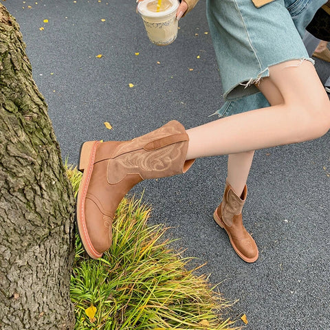 Sonicelife NEW Autumn Women Boots Split Leather Shoes for Women Round Toe Low Heel Shoes Casual Embroider Zipper Short Boots Western Boots