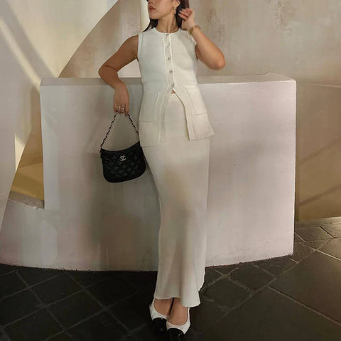 Black Friday Sonicelife Summer Fashion Knitted Skirt Suit Sleeveless Vest Pocket Slit High Waist Long Skirt Elegant White Ribbed Knitwear Outfits