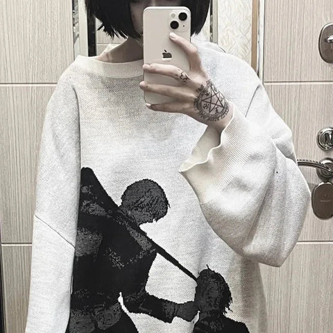 Back To School Sonicelife 2024 Fall Fashion  Streetwear Knitted Hip Hop Sweater Men Women Aesthetic Print Pullover Harajuku Gothic Oversized Sweater Cotton Sweater Sweater