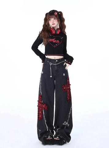 Sonicelife Rock Punk Hole Straight Wide Leg Jeans for Women Y2k High Waist Loose   Pants 2024 New Embroidery  Trousers