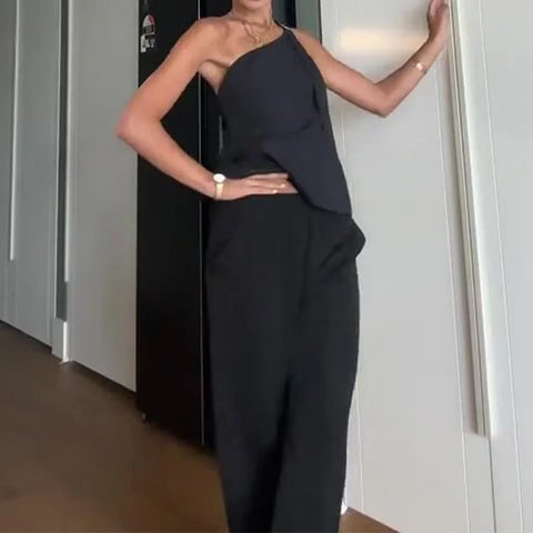 Sonicelife Pant Sets Women Two Piece Set One Shoulder Tops Backless Straight Pants Solid Splice Loose Casual Sleeveless Tops Summer 2024