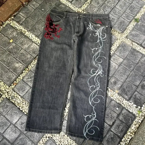 Sonicelife Vintage New Fashion Harajuku Pattern Black Embroidered Baggy Jeans Y2K High Street Casual Gothic High Waisted Wide Leg Trousers