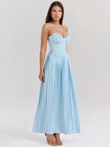 Sonicelife Off-shoulder Backless Pleated Maxi Dress For Women Fashion Strapless Sleeveless High Waist Bodycon Sexy Long Dress