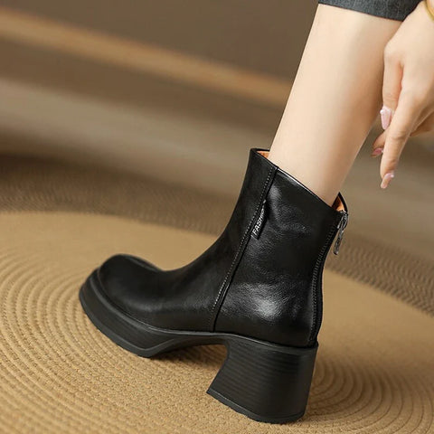Sonicelife NEW Autumn Women Boots Split Leather Shoes for Women Round Toe Chunky Heel Shoes Casual Platform Modern Boots Zipper Ankle Boots