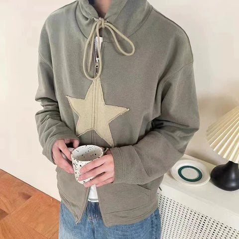 Back To School Sonicelife 2000s Retro Harajuku Grunge Sweatshirt Y2K Vintage Star Patched Zip Up Hoodies Korean Fashion Autumn Spring Outerwear Coat