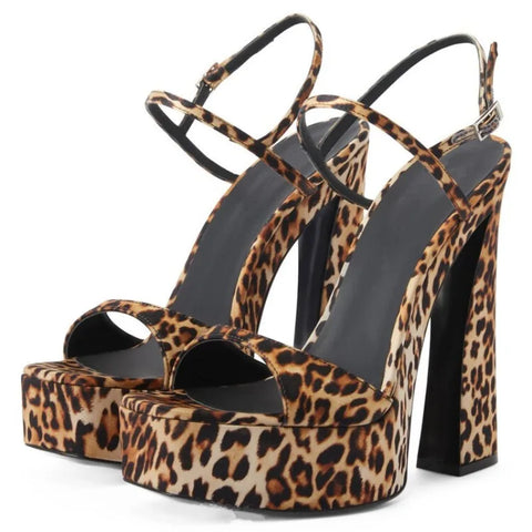 Sonicelife-2024 Women's Sexy Leopard Print Thick High Heel Thick Sole Sandals European and American Fashion Thick Sole Buckle Banquet Shoes