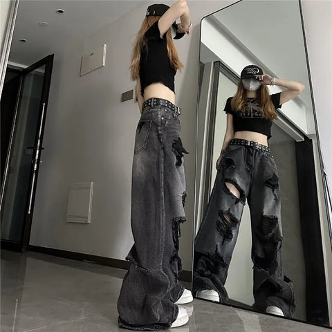 Sonicelife Vintage High Waist Denim Pants Ripped Jeans Women Fashion Loose Wide Leg Straight  Y2k Washed Streetwear Female