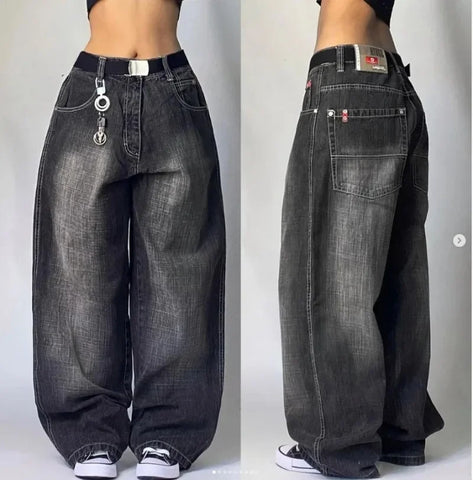 Sonicelife Korean Version New Washed Solid Color Baggy Jeans Female Y2K High Street Fashion Casual Gothic High Waist Baggy Wide Leg Pants