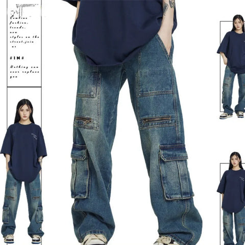 Sonicelife American Tide Brand Retro Washing Old Multi-pocket Tooling Jeans Y2K New Fashion Loose Straight Casual Jeans For Men And Women