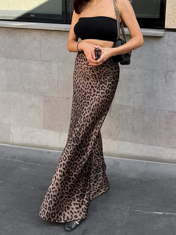 Sonicelife 2024 Spring Summer Women Sexy Maxi Leopard Skirts High Waist Flare Long Skirt For Women