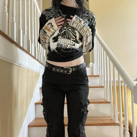 Sonicelife Preppy Harajuku Grunge Y2K Retro Tops Hippie Punk Style Loose T-Shirt Indie Graphic Print Patchwork Long Sleeve Sweats Tees