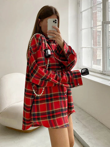 Sonicelife 2024 Autumn Winter Women Vintage Oversized Thick Long Plaid Shirt Long Sleeve Ladies Loose Fit Blouse Woman