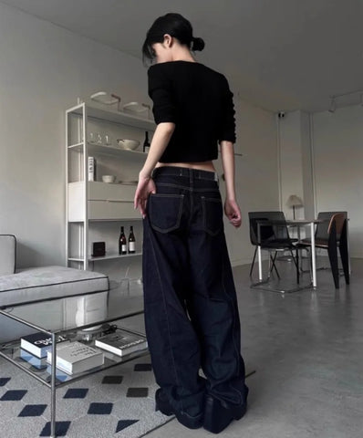 Sonicelife Vintage Straight Dark Line Jeans for Women Y2k High Waist Loose Wide Leg Pants 2024 Early Autumn New  Denim