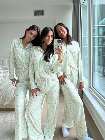 Sonicelife Women's Y2K 2Pcs Heart/Floral Print Pajamas Set Long Sleeve Lapel Button Up Shirt Tops+Sleepwear Pants Pjs Loungewear