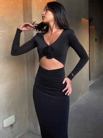 Sonicelife Elegant Flower Hollow Out Midi Dress For Women Black V Neck Long Sleeve Bodycon Sexy Dress Female Skinny Party Dress