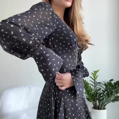 Sonicelife Women Dresses Sexy V Neck Flare Sleeve Print Dress Wrap Buttocks Slim Fit Basics 2024 Backless Knee Length Slight Strech