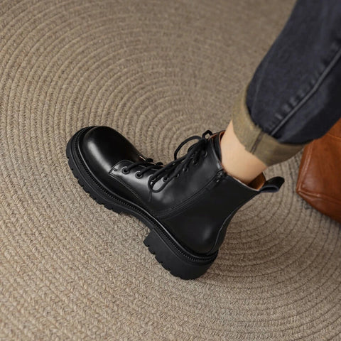 Sonicelife NEW Autumn Women Boots Split Leather Shoes for Women Round Toe Thick Heel Shoes Zipper Short Boots Casual Black Platform Boots