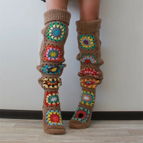 Sonicelife Women's Autumn Winter Vintage Thigh Socks Extra Long Ethnic Crochet Knit Stockings Y2K Aesthetic Over Knee Socks