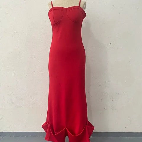 Sonicelife Long Dresses Women Solid Slim Fit Ruffles Dress Sleeveless High Waist Evening Vestidos Hip Wrap Elegant Summer Sexy Party