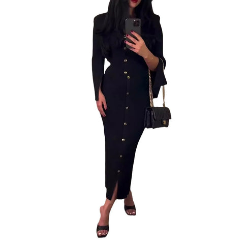 Sonicelife Two Piece Set Women Outfits Casual Tops Slim Fit Long Skirt Suit Round Collar Blouse Buttons Split Skirts Sets Female Ensemble