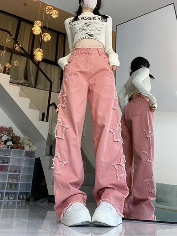 Sonicelife American Retro Star Embroidery Pink Jeans for Women Y2k E-Girl High Waist Denim Pants 2024 Summer New Loose Wide Leg