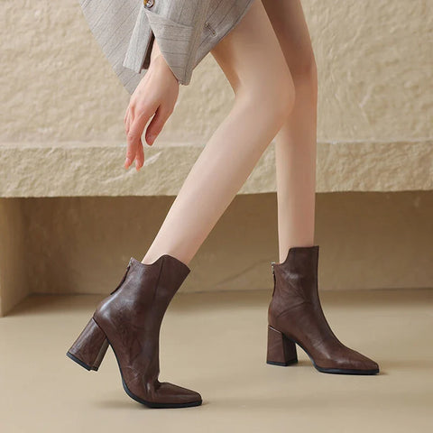 Sonicelife NEW Autumn Women Boots Genuine Leather Shoes for Women Pointed Toe Chunky Heel Shoes Zipper Short Boots Elegant Modern Boots